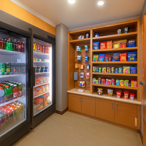 Micro-market with open snack shelving and refrigerated cases in a warm, well-lit workplace break room